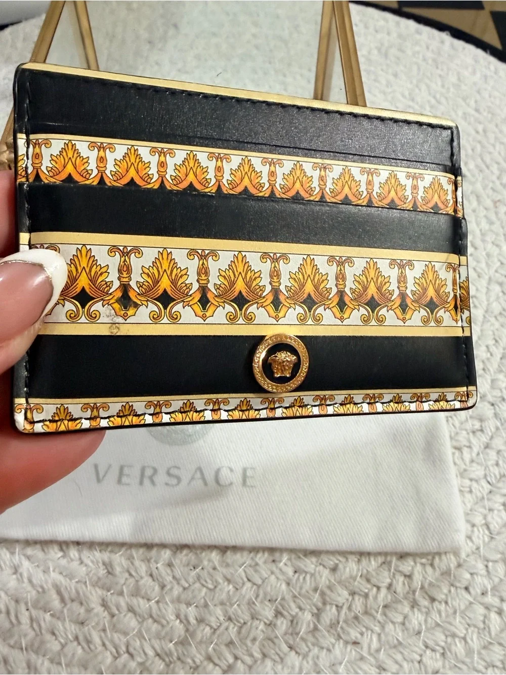 Versace Barocco Print Leather Gold Medusa Head Card Case Holder + dust bag